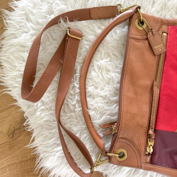 Fossil Karli Large Leather Hobo Style Shoulder Bag - Red Tan Multi - Picture 7 of 9